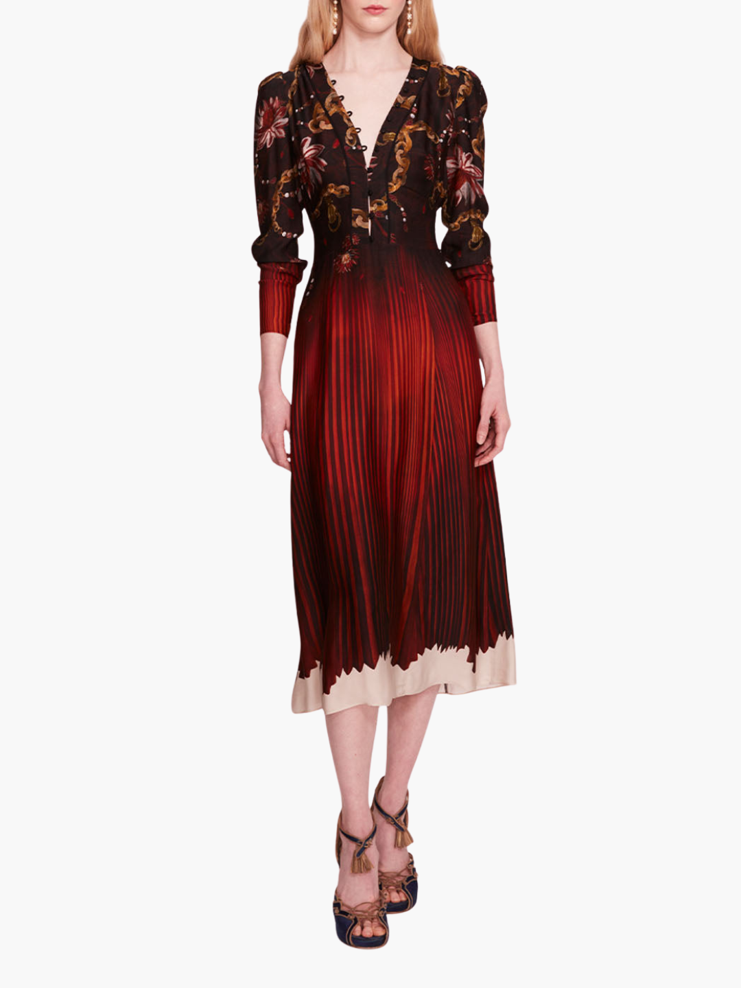 Viscose Georgette V-Neck Midi Dress | Orange Multi