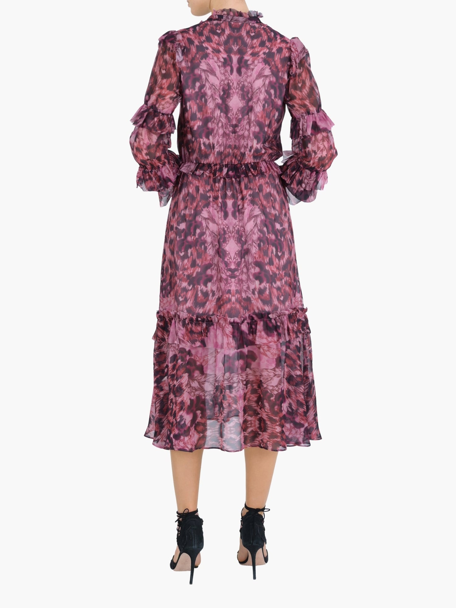 Braided Leopard Flounced Silk Chiffon Midi Dress | Pink