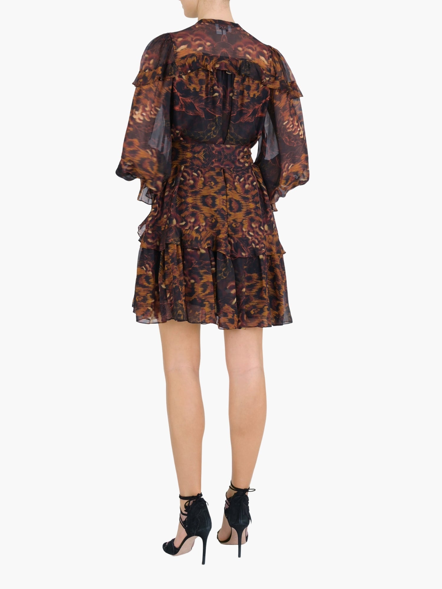 Braided Leopard Flounced Silk Chiffon Mini Dress | Black Multi