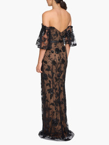 Illusion Murals Off The Shoulder Beaded Illusion Column Gown | Black