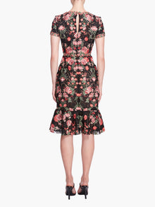 Embroidered Guipure V-neck Midi Cocktail Dress | Black/Red