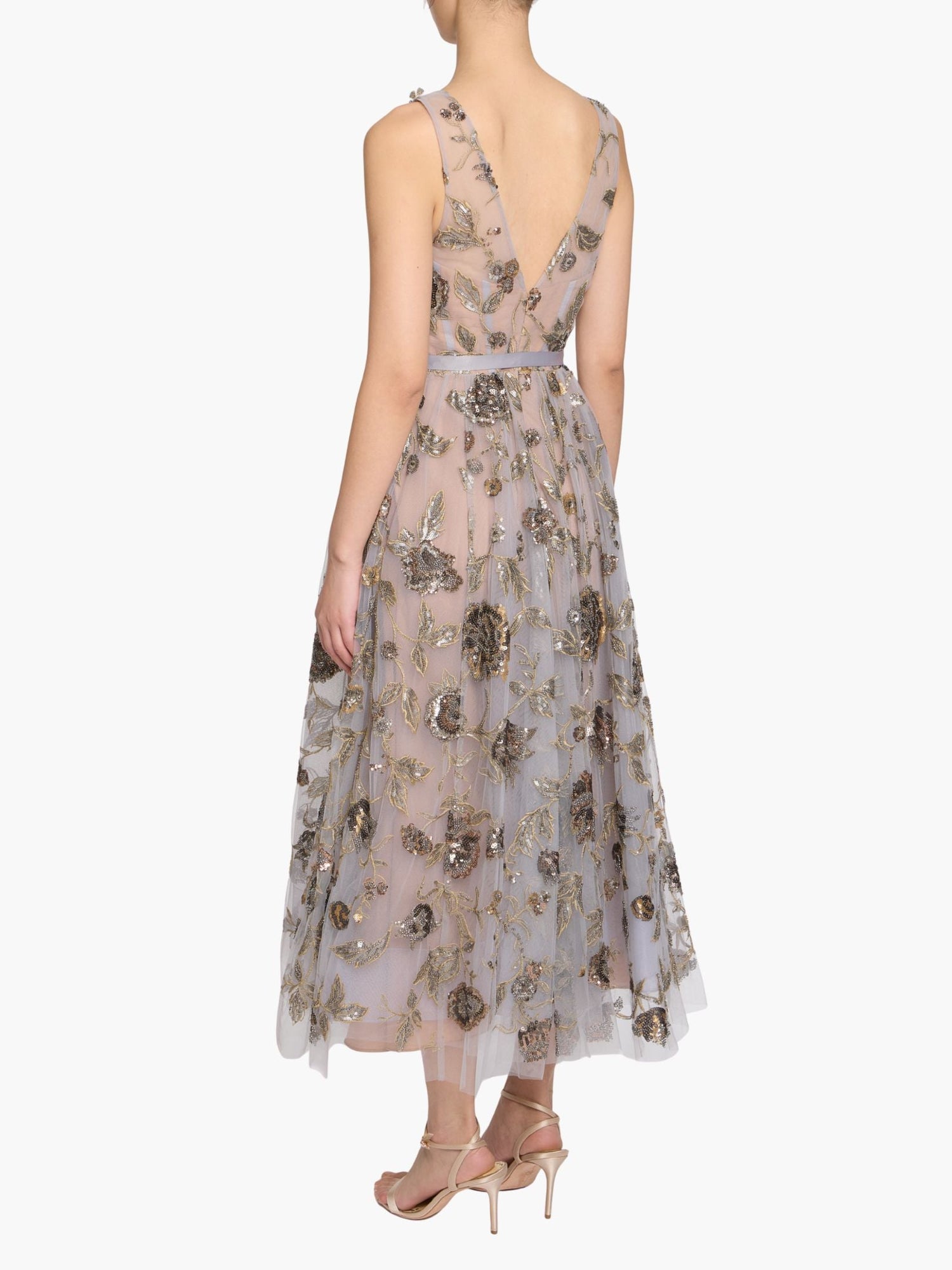 Illusion Murals Sleeveless Embroidered Tulle Midi Dress | Mixed Metals