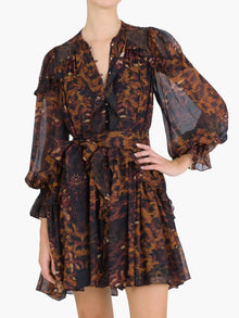 Braided Leopard Flounced Silk Chiffon Mini Dress | Black Multi