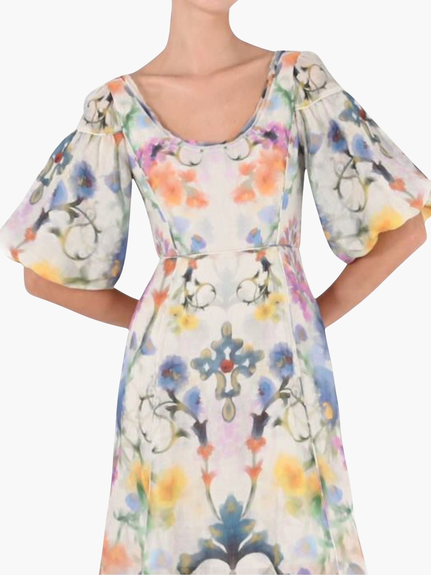 Ramie Puff Sleeve Maxi Dress | Cream Multi