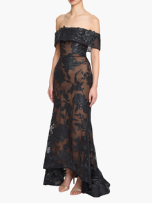 Leather Guipure Fitted Off Shoulder Hi-Lo Gown | Black