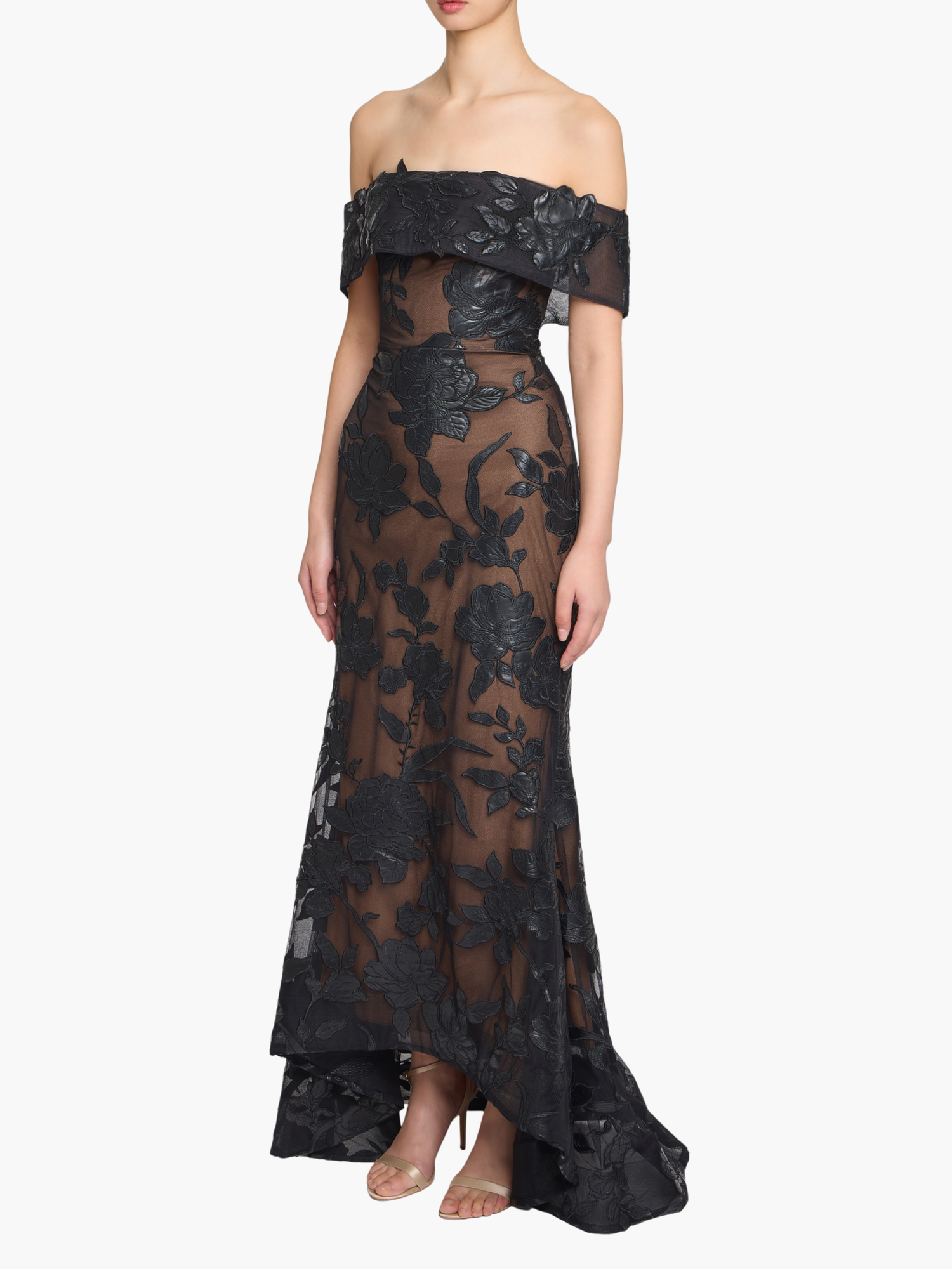 Leather Guipure Fitted Off Shoulder Hi-Lo Gown | Black
