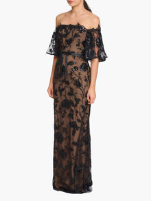 Illusion Murals Off The Shoulder Beaded Illusion Column Gown | Black