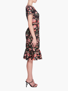 Embroidered Guipure V-neck Midi Cocktail Dress | Black/Red