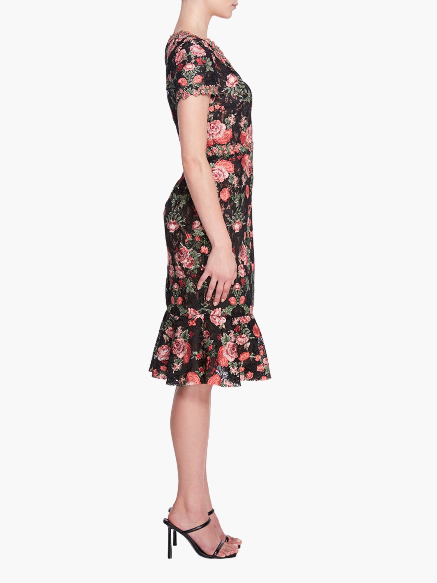 Embroidered Guipure V-neck Midi Cocktail Dress | Black/Red