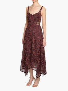 Victorian Corded Lace Ribbon Strap Handkerchief Hem Midi Dress | Brown
