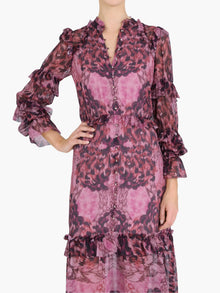 Braided Leopard Flounced Silk Chiffon Midi Dress | Pink