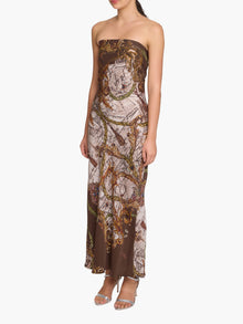 Jewel of Edinburgh Strapless Printed Midi Dress | Brown Multi