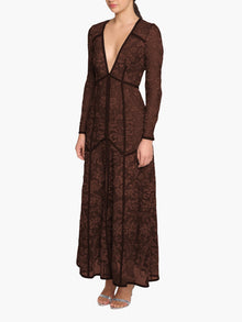 Victorian Corded Lace Deep V Button Maxi Dress | Brown