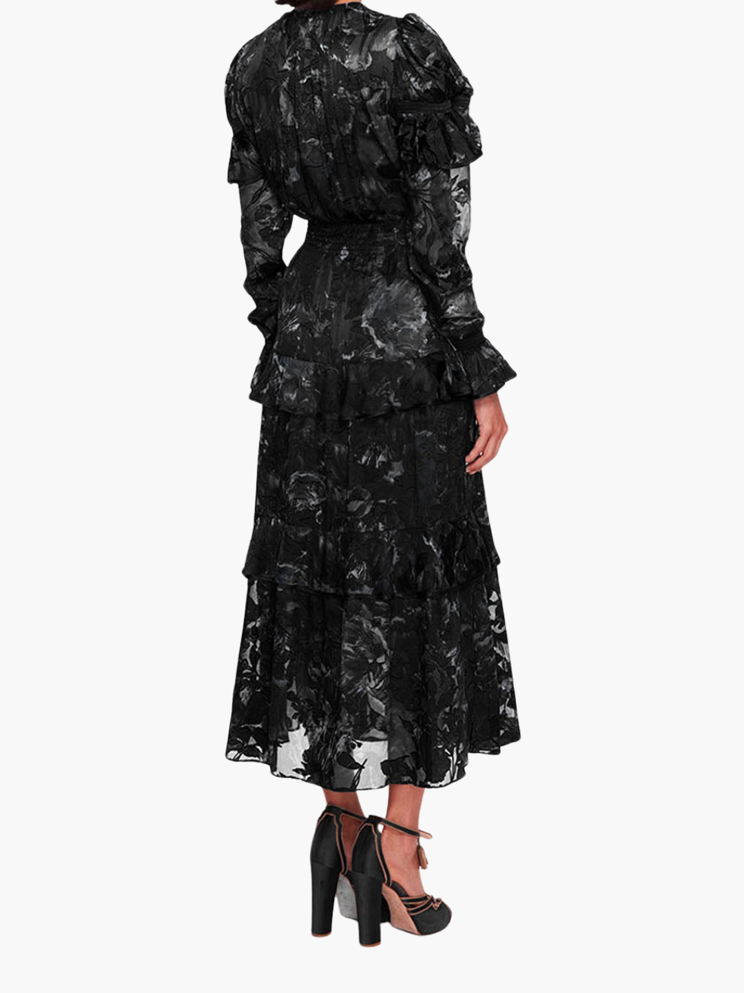 Diantha Dress Ruffle Burnout Satin Midi Dress | Black