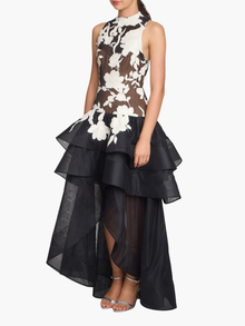 Leather Guipure High Neck Sleeveless Tiered Gown | Black/Ivory