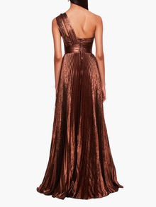 Metallic Lame Pleated Gown | Bronze