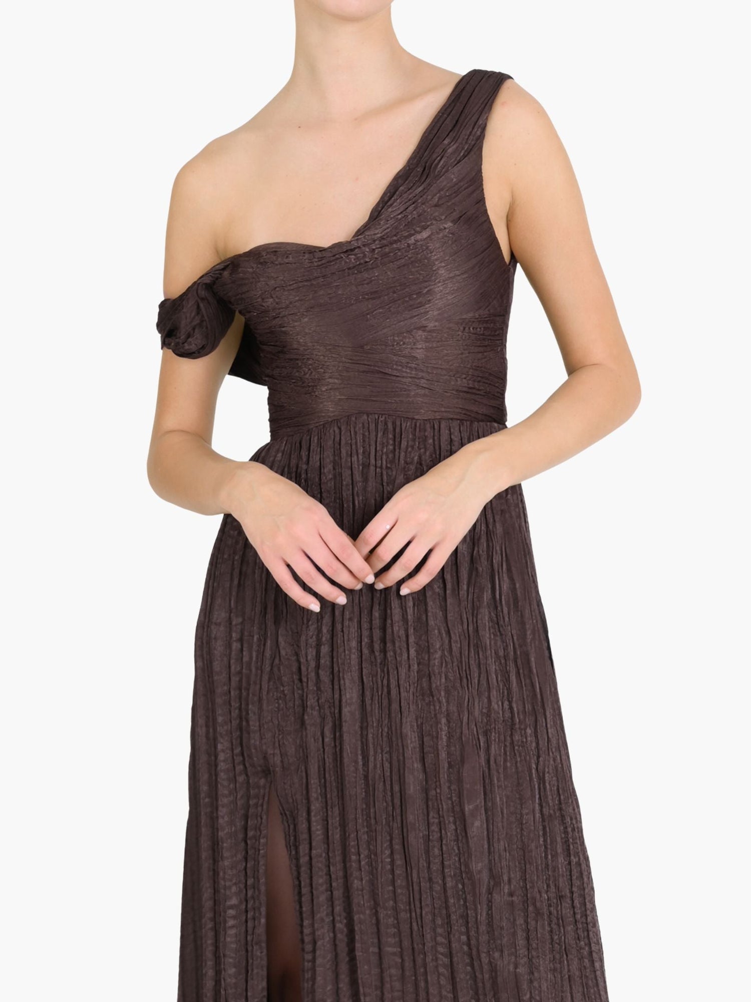 One-Shoulder Pleated Satin Gown | Chocolate