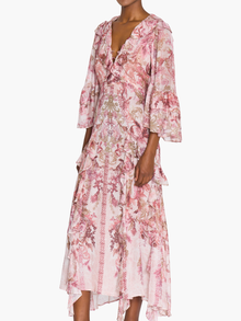 Reverie Cascading Ruffle Chiffon Midi Dress | Blush Multi