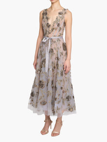 Illusion Murals Sleeveless Embroidered Tulle Midi Dress | Mixed Metals