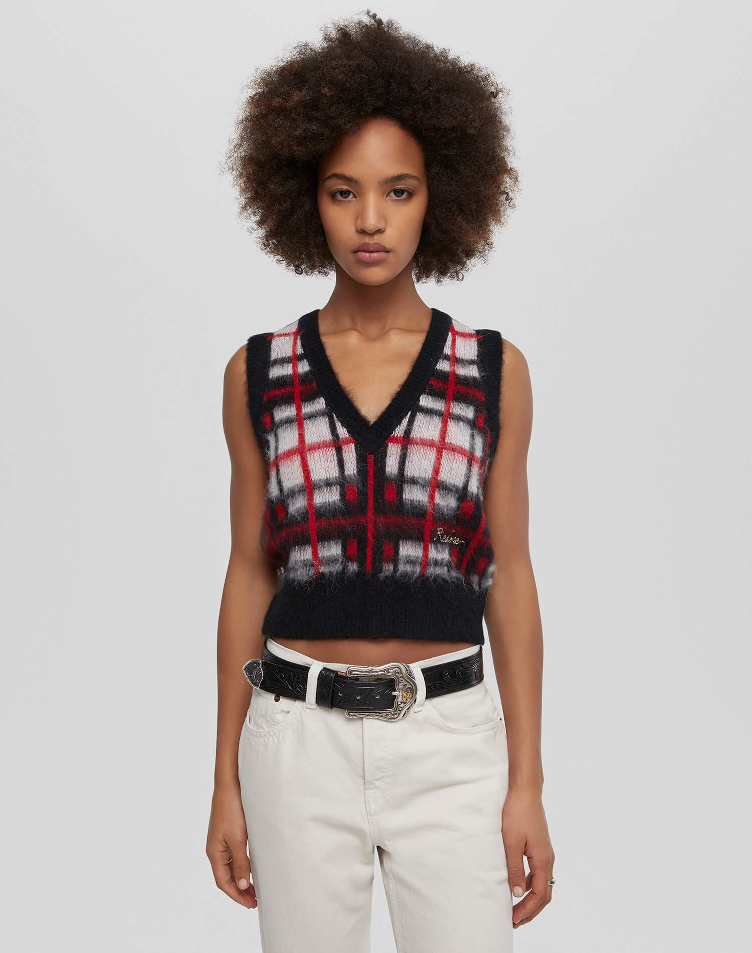 Womens | Tartan V Neck Vest | Black/Red/White