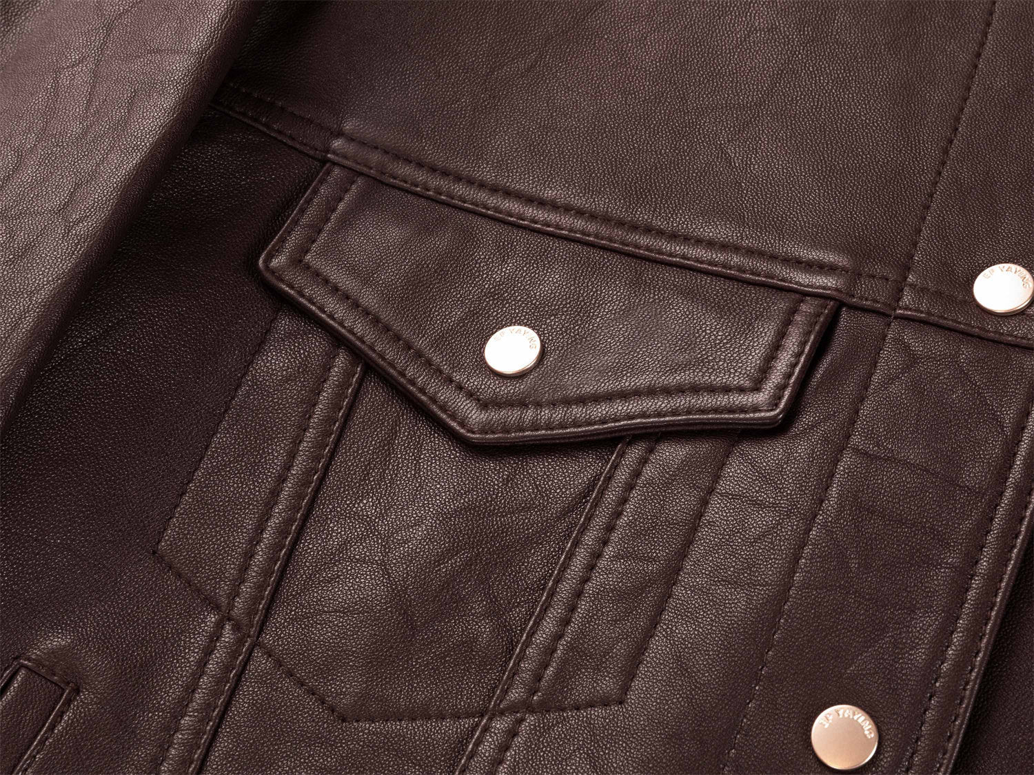 Leather Round Neck Leather Jacket | Brown