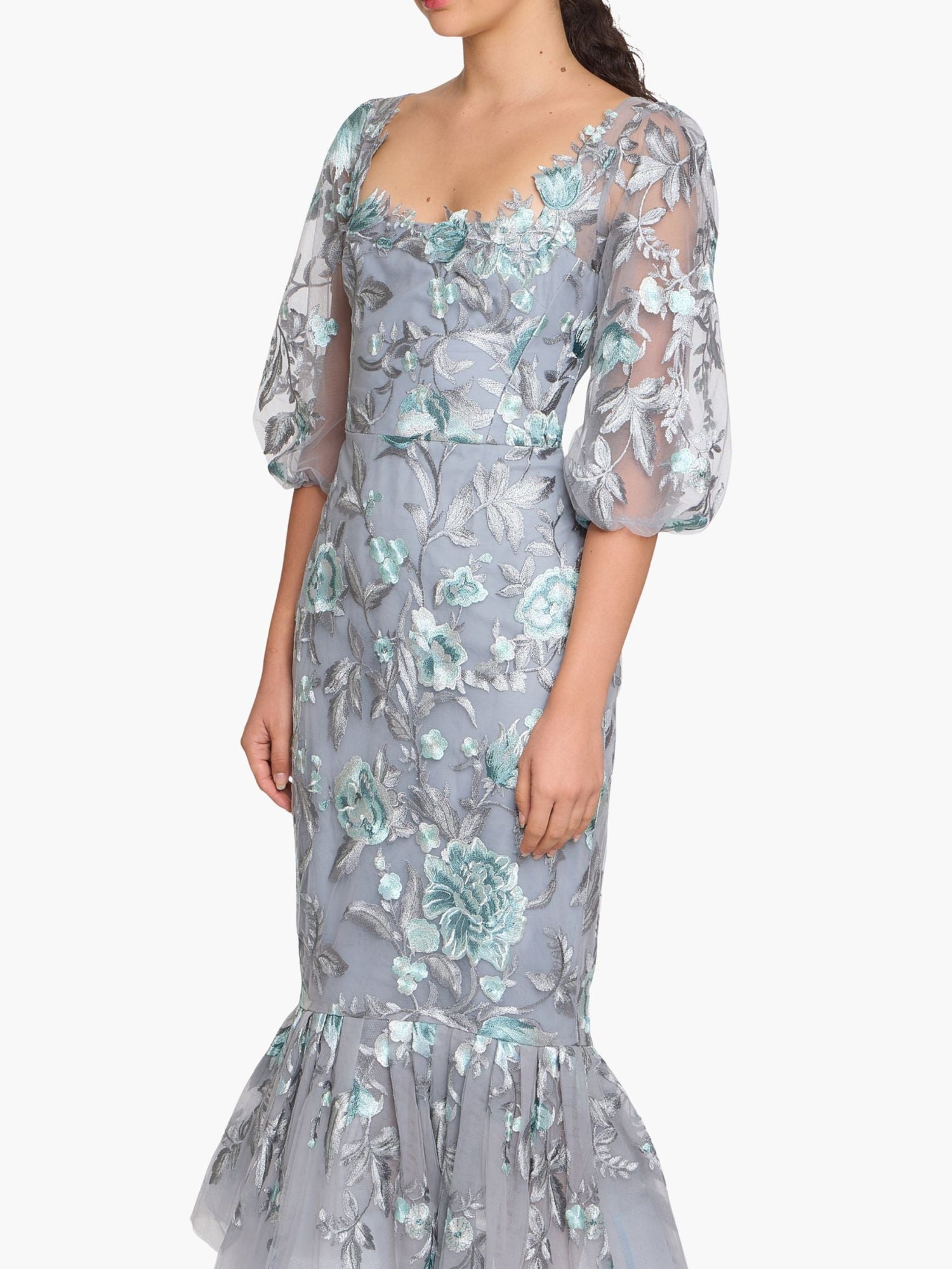 Botanist Bloom Embroidered Puff Sleeve Midi Dress | Mint