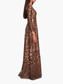 Sequin Lattice Sleeved Gown | Black/Gold