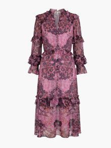 Braided Leopard Flounced Silk Chiffon Midi Dress | Pink