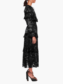 Diantha Dress Ruffle Burnout Satin Midi Dress | Black