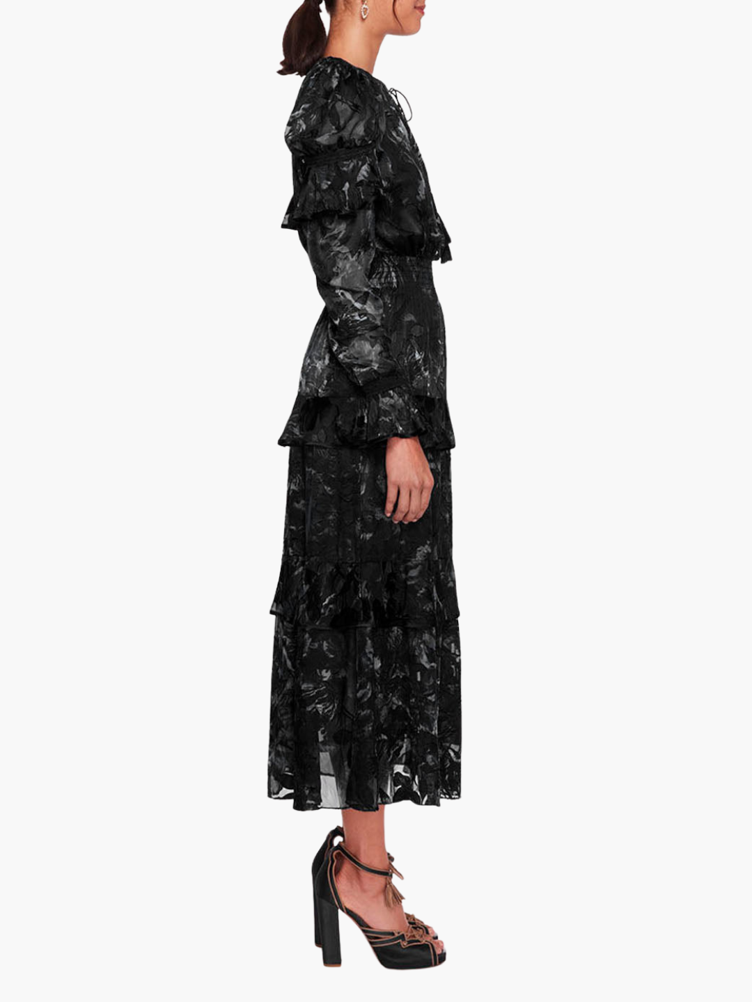 Diantha Dress Ruffle Burnout Satin Midi Dress | Black