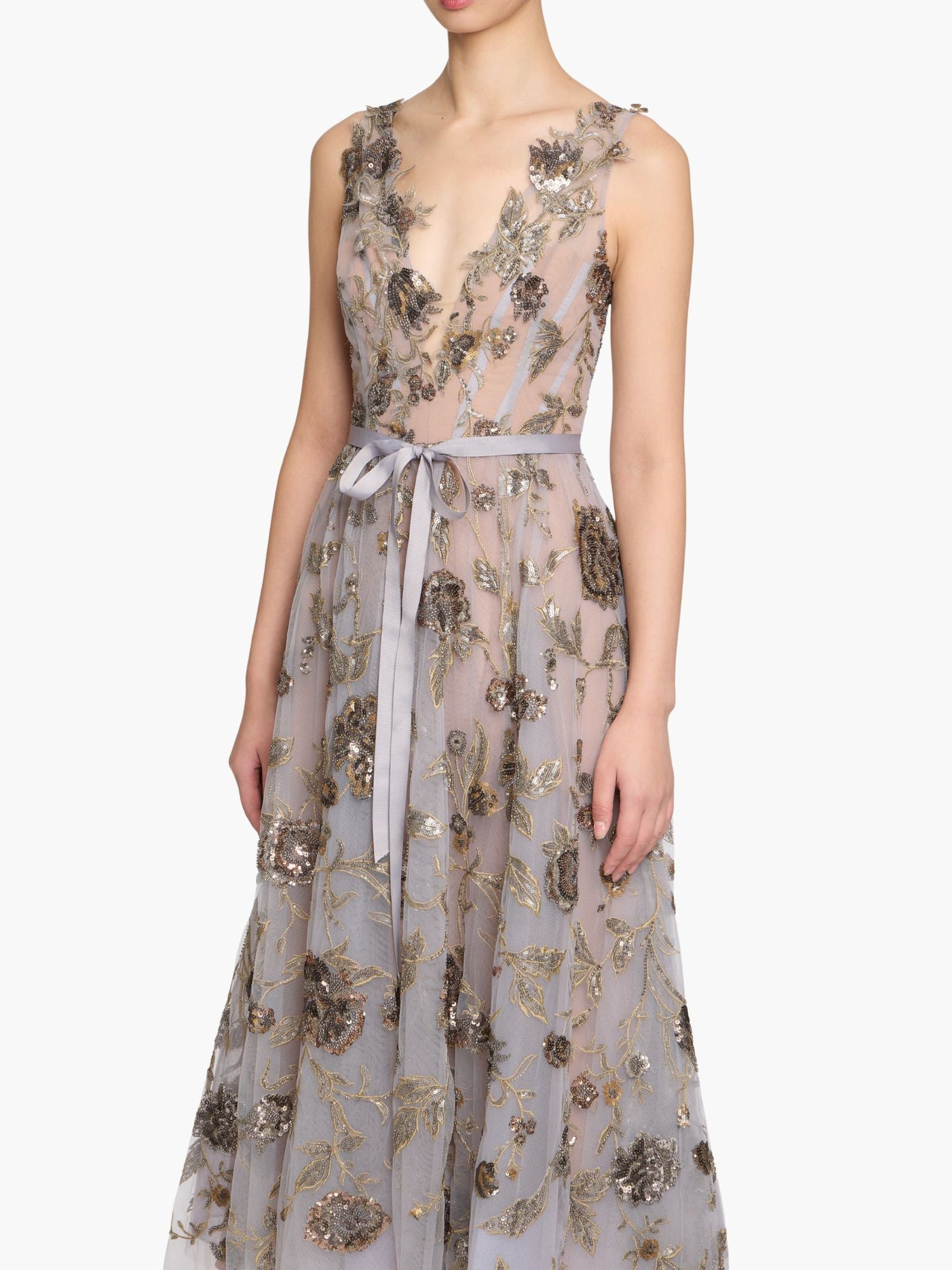 Illusion Murals Sleeveless Embroidered Tulle Midi Dress | Mixed Metals