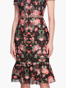 Embroidered Guipure V-neck Midi Cocktail Dress | Black/Red