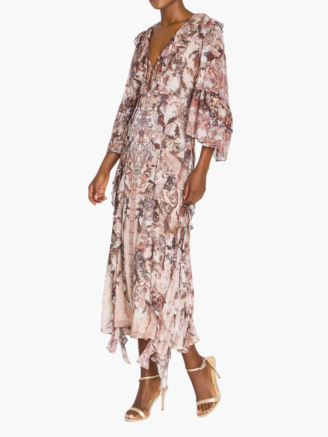 Reverie Cascading Ruffle Chiffon Midi Dress | Chocolate