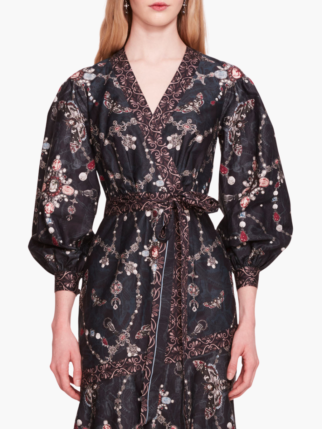Printed Poplin Wrap Midi Dress | Gunmetal Multi
