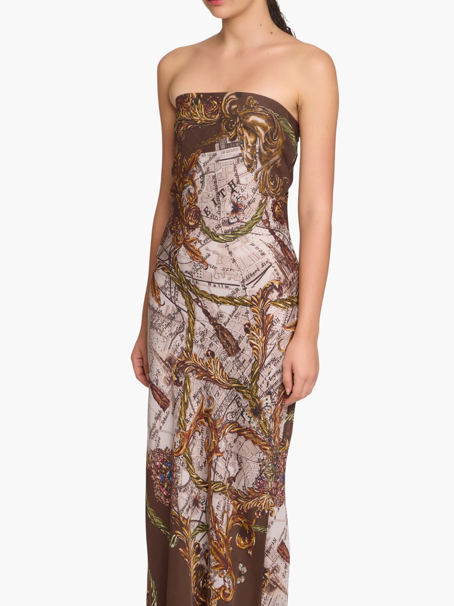 Jewel of Edinburgh Strapless Printed Midi Dress | Brown Multi