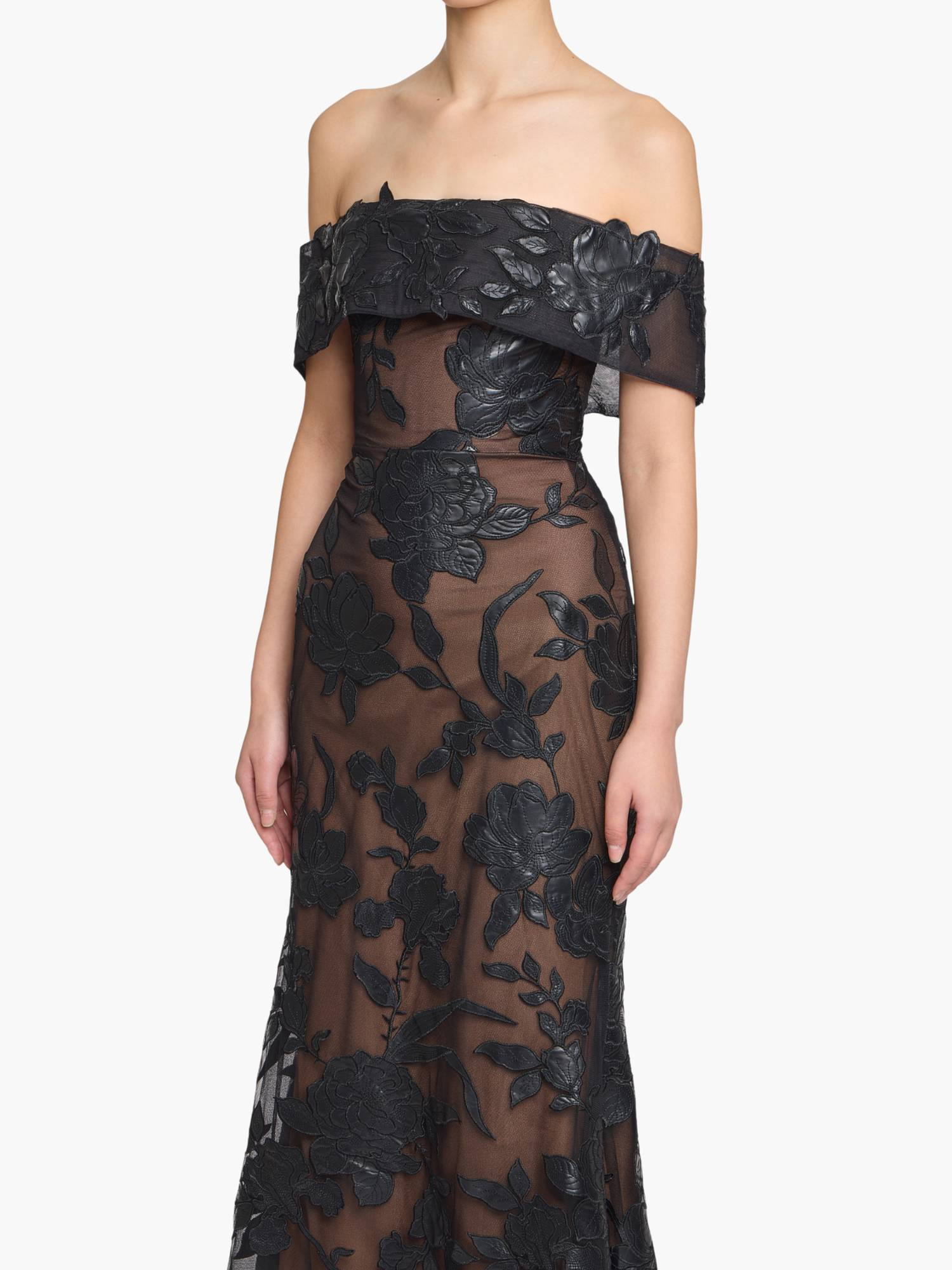 Leather Guipure Fitted Off Shoulder Hi-Lo Gown | Black