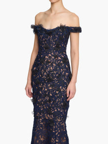 Vivarium Vines Guipure Lace Off Shoulder Gown | Black/Navy