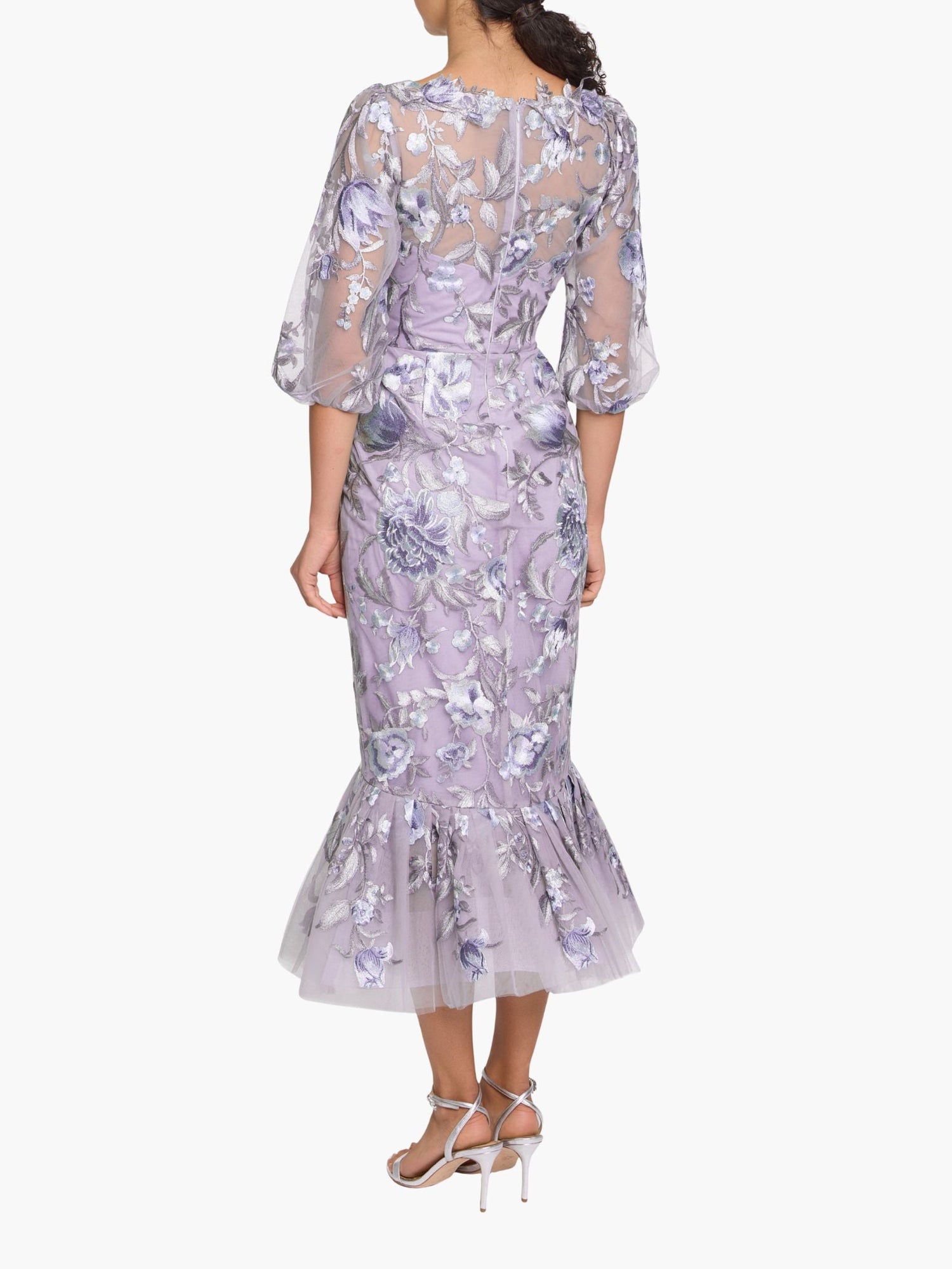Botanist Bloom Embroidered Puff Sleeve Midi Dress | Lilac