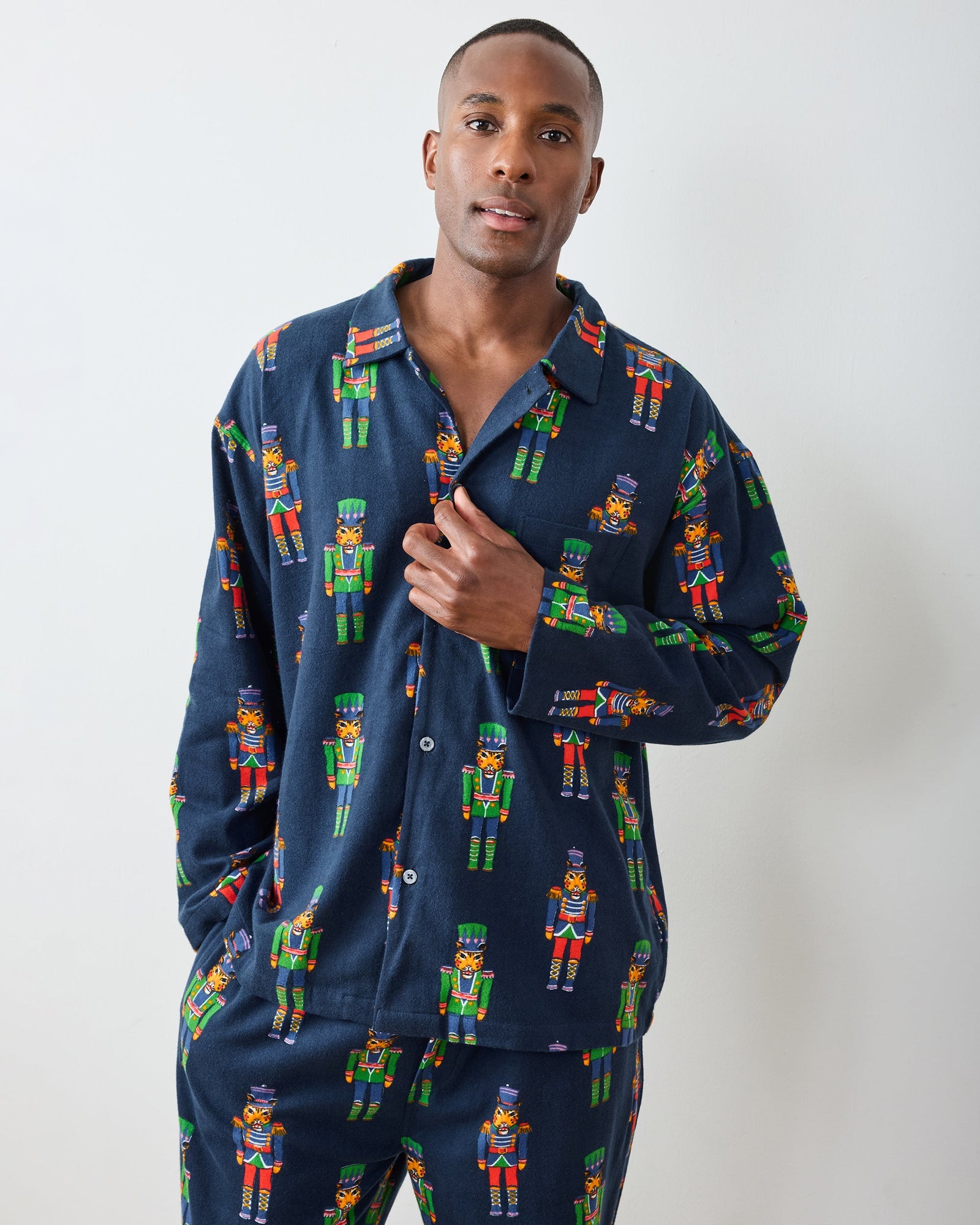 Leopard Nutcrackers - Men's Midweight Flannel Long PJ Set - Navy - Printfresh
