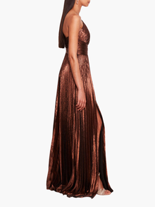 Metallic Lame Pleated Gown | Bronze