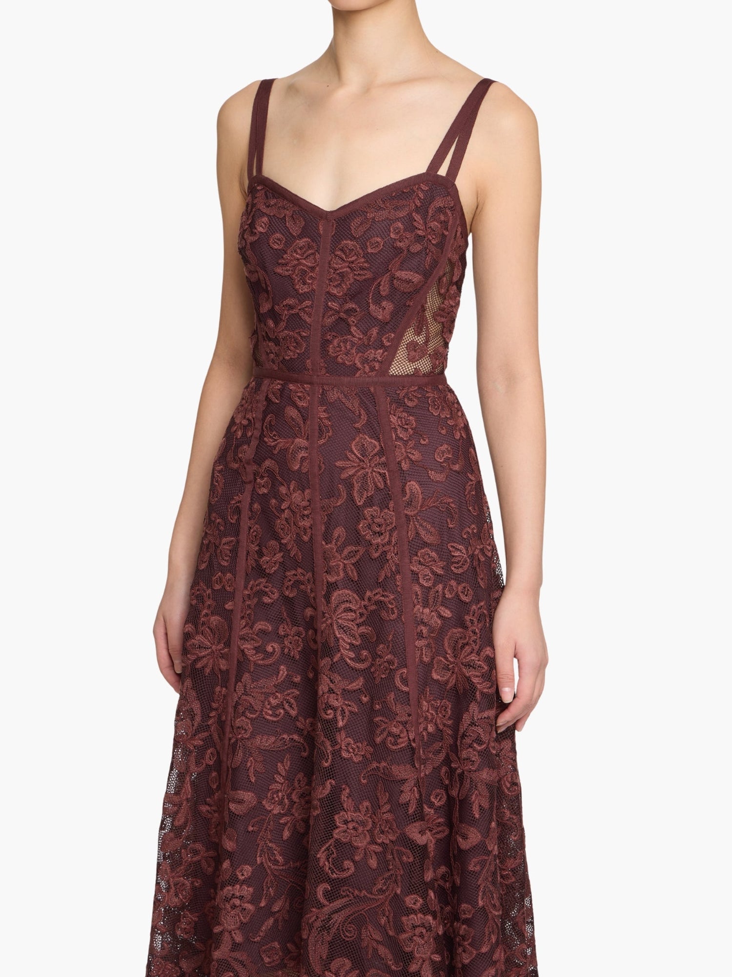 Victorian Corded Lace Ribbon Strap Handkerchief Hem Midi Dress | Brown