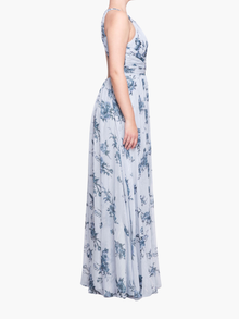 Carrara Floral Chiffon Key-Hole Halter Gown | Dusty Blue