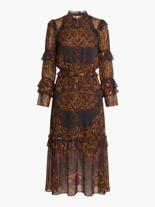 Braided Leopard Flounced Silk Chiffon Midi Dress | Brown Multi