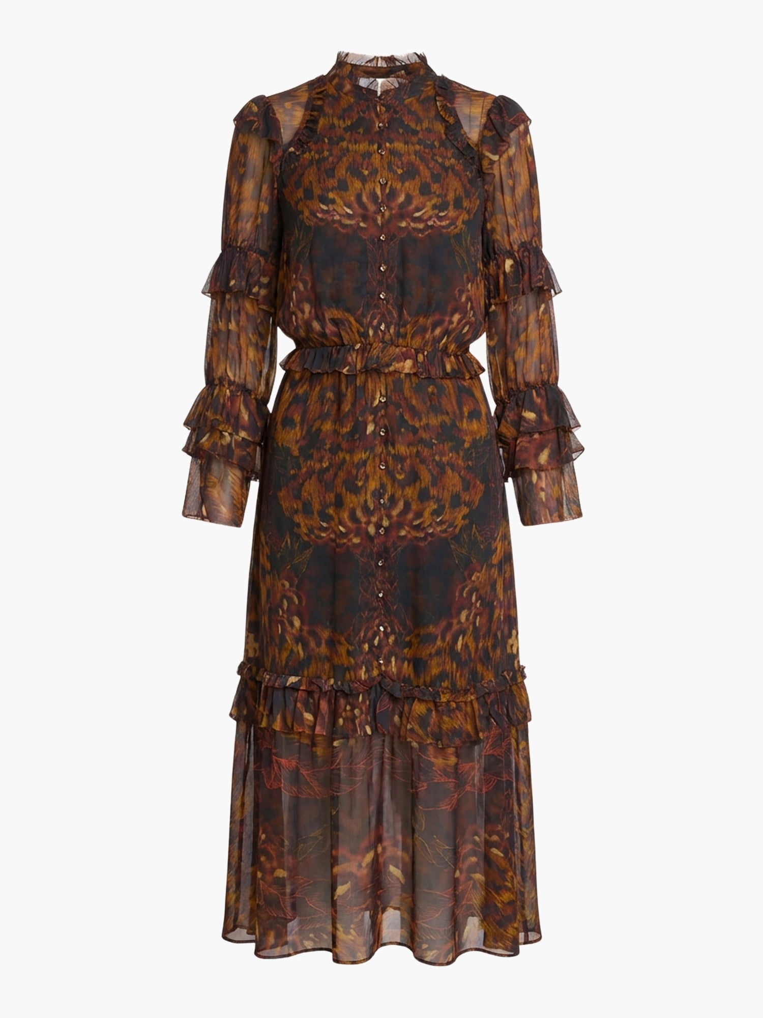 Braided Leopard Flounced Silk Chiffon Midi Dress | Brown Multi