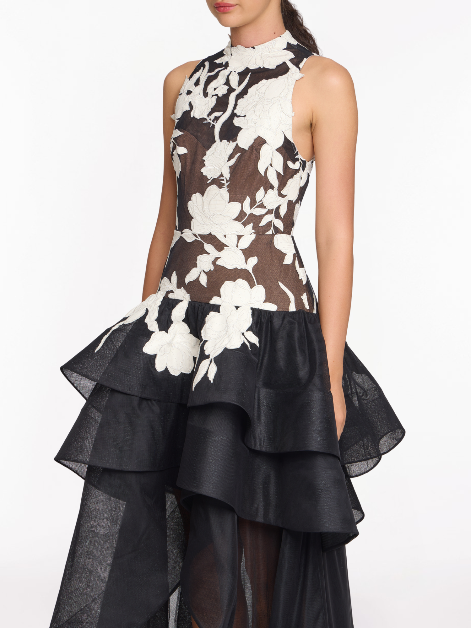 Leather Guipure High Neck Sleeveless Tiered Gown | Black/Ivory