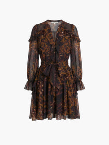Braided Leopard Flounced Silk Chiffon Mini Dress | Black Multi