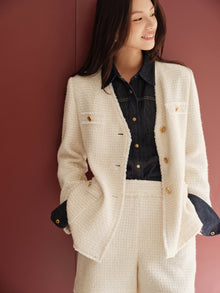 Wool V-Neck Elegant Tweed-Style Plaid Woolen Blazer | White