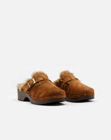 Womens | 70s Shearling Clog | Cognac Suede and Shearling