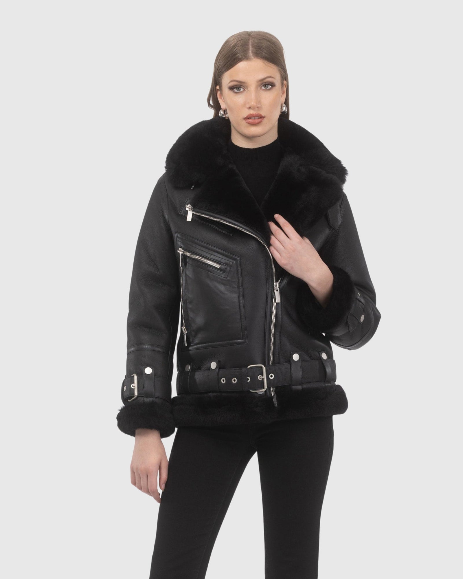 Genuine British Shearling Lamb, Hide To Heavy Wool Moto Jacket | Black