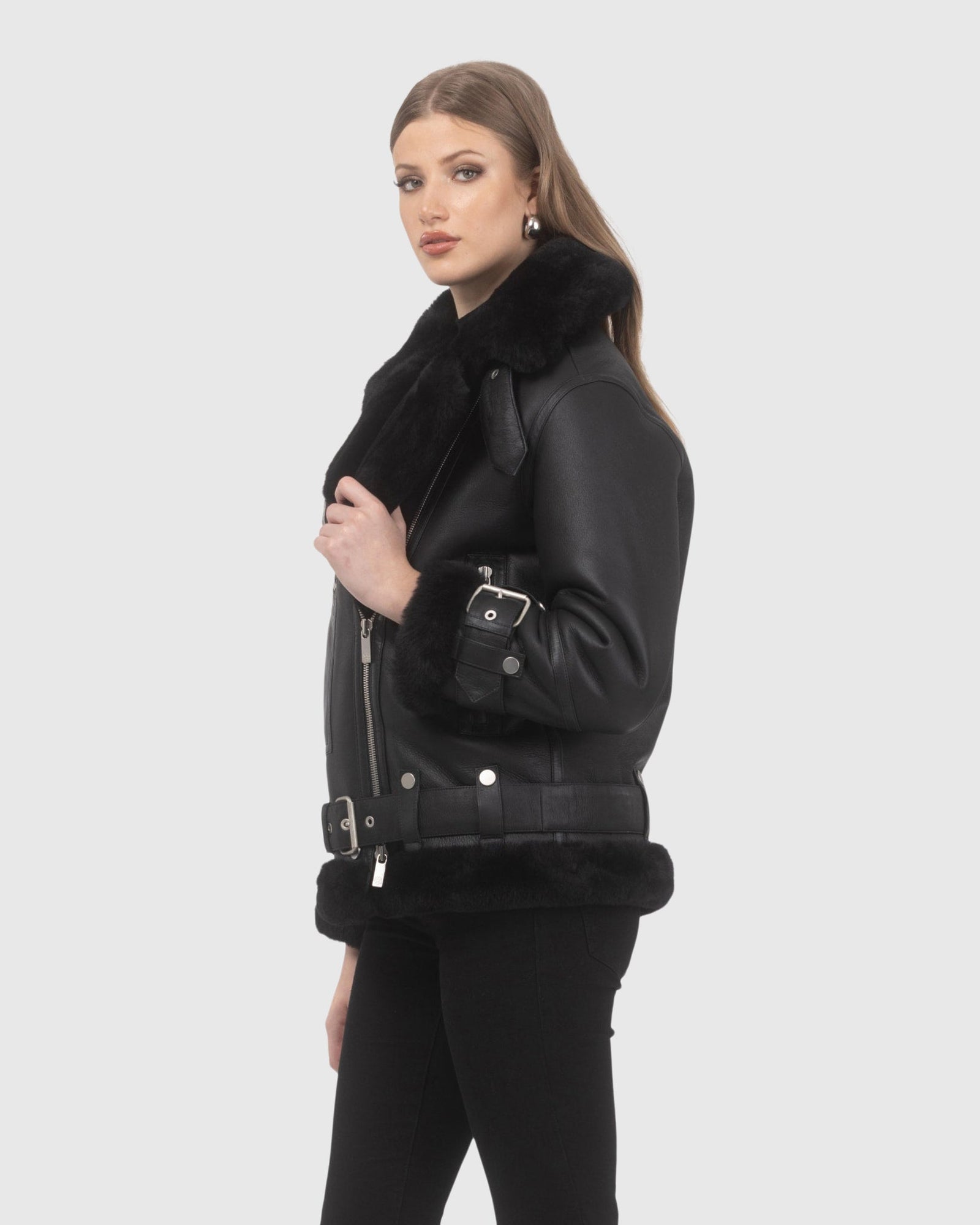 Genuine British Shearling Lamb, Hide To Heavy Wool Moto Jacket | Black